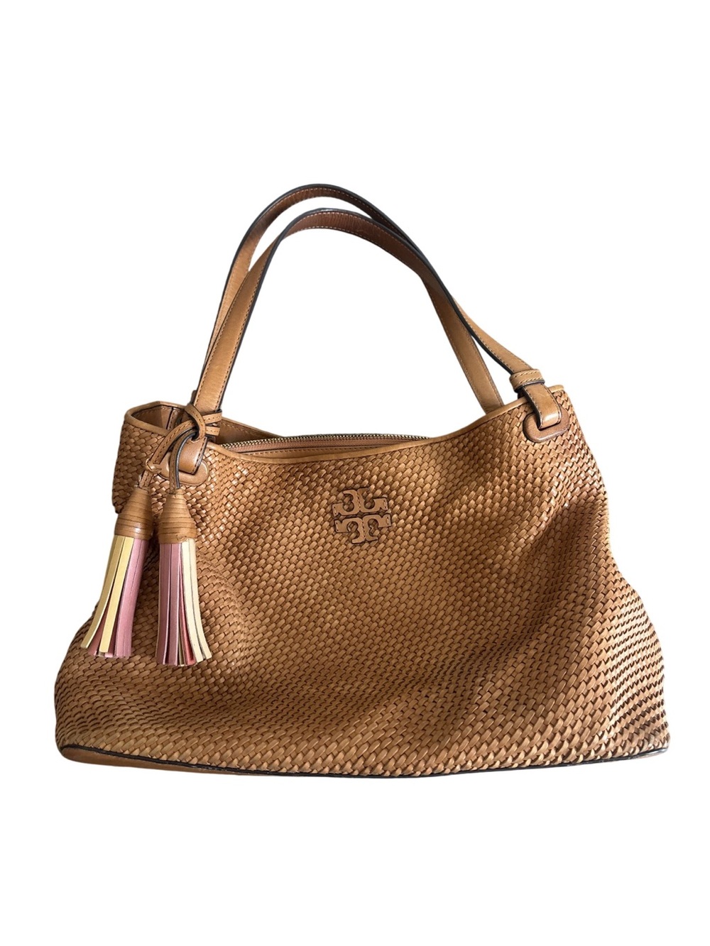Tory Burch Tan Woven Leather Shoulder Bag with Pink & Cream Tassels